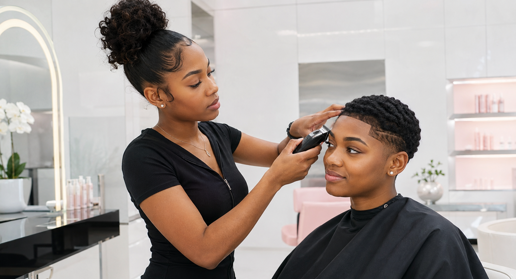 Young Black female barber completing a precision cut