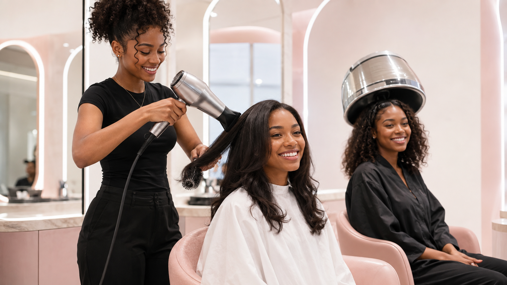 Young Black women inside the premium dryer and blowout salon