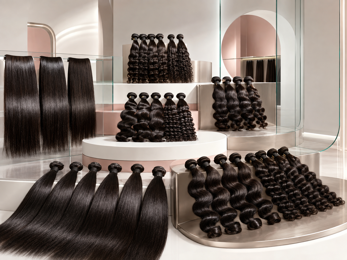 Straight, body wave and deep wave bundles in a premium modern hair display